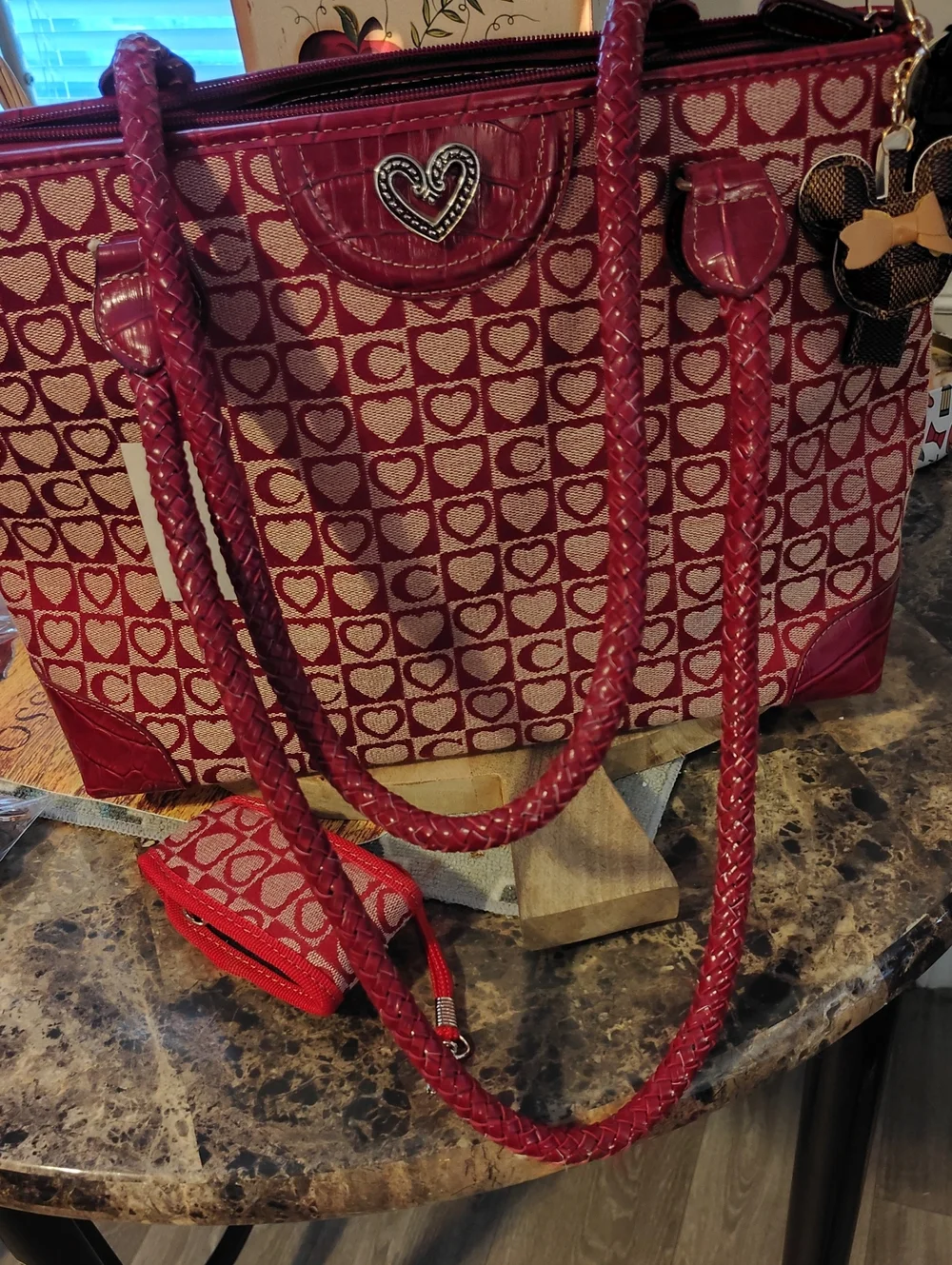 Red Heart Pattern Tote Bag with Detachable Pouch NWT
